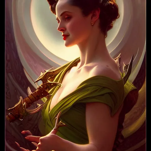 Image similar to of a female Loki, dark fantasy, medium shot, intricate, ornate, elegant, highly detailed, digital painting, volumetric light, artstation, concept art, smooth, sharp focus, illustration, art by Gil Elvgren and Charlie Bowater and Greg Rutkowski and Alphonse Mucha