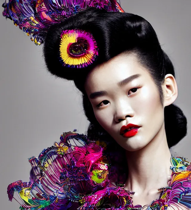 Image similar to photography american portrait of stunning model ming xi. great hair style, half in shadow, natural pose, natural lighing, rim lighting, wearing an ornate stunning sophisticated outfit created by iris van herpen, with a colorfull makeup by benjamin puckey, highly detailed, skin grain detail, photography by paolo roversi