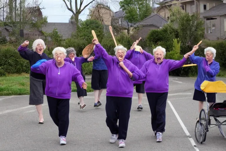 Prompt: a gang of old ladies waving hammers and wearing track suits laughing maniacally and screaming