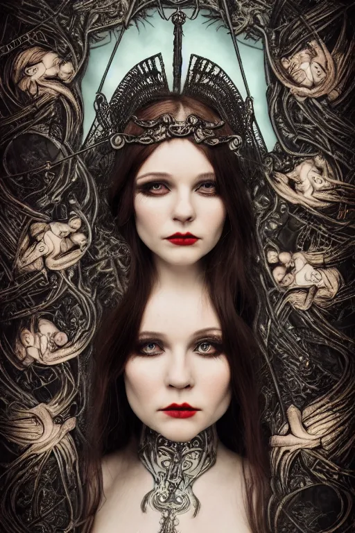 Image similar to Cinestill 50d, 8K, highly detailed, major arcana H.R Giger art nouveau nightmare Agnieszka Lorek tarot star card style 3/4 closeup portrait, eye contact, focus on model, tilt shift background: famous major arcana tarot remake, transformation scene