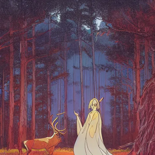 Prompt: illustration of a magical tribal sorceress with a huge majestic stag in a forest by hayao miyazaki and jean giraud moebius, highly detailed digital painting, concept art