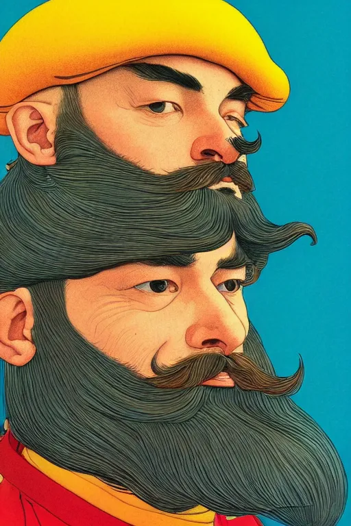 Image similar to a colorful closeup portrait of a handsome young bald man with a very long wild beard and handlebar moustache riding a golden motorcycle and dreaming psychedelic hallucinations in the vast icy landscape of antarctica, by kawase hasui, moebius and edward hopper, colorful flat surreal design, hd, 8 k, artstation