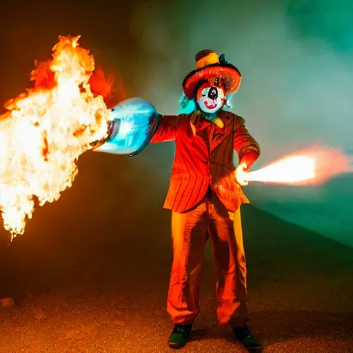 Image similar to photo of a clown using a flamethrower projecting a long flame