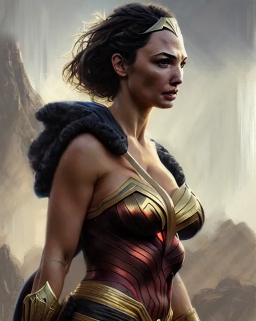 Prompt: lindsey pelas and gal gadot, character portrait, concept art, intricate details, highly detailed by greg rutkowski, gaston bussiere, craig mullins, simon bisley