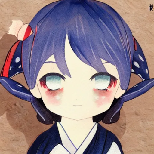 Image similar to beautiful water color concept art of face detailing cute nendoroid girl in the style of ukiyoe , toon rendering, close-up, no shade, flat shading