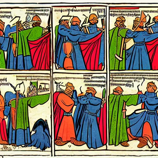 Prompt: a comic strip from medieval age, focused, detailed, sharp edges, by jack kirby, by artgem