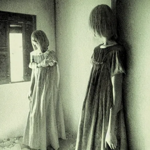 Prompt: a beautiful and eerie picture of two women wearing nightdresses in an abandoned mansion in silent hill. Photographed in the 1970s, by Alan Lee