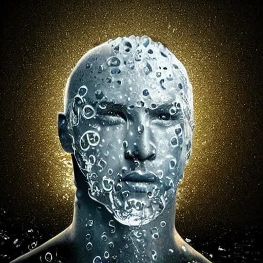 Image similar to icon of a realistic human head made out of water, water art manipulation, dark background