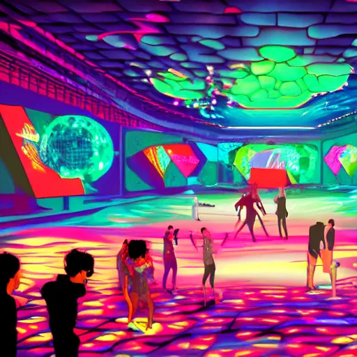 Prompt: cartoon, vaporwave, people communicating with each other in groups of ten, a large hall, dim painterly lighting volumetric aquatics, disco party