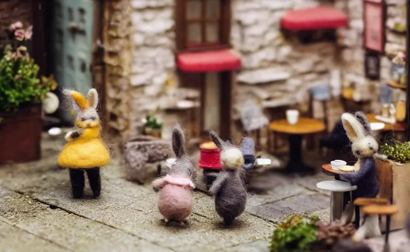 Image similar to miniature cafe diorama macro photography, cafe with felted bunnies, alleyway, ambient, atmospheric, british, cozy, bokeh, romantic