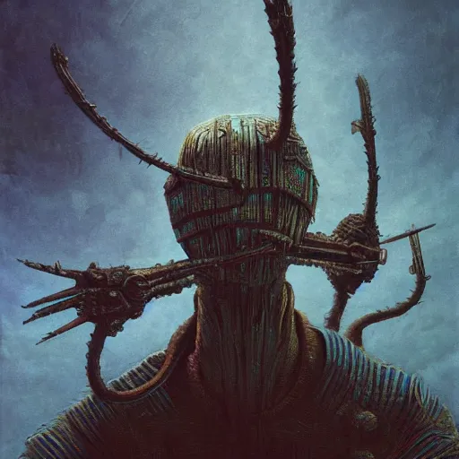 Prompt: afrofuturism sci - fi warrior, blue hour, horror art, by beksinski, szukalski, giger, pyromallis, dzo, iris compiet, seb mckinnon, digital art, highly detailed, intricate, sharp focus, trending on artstation hq, deviantart, pinterest, unreal engine 5, 4 k uhd image