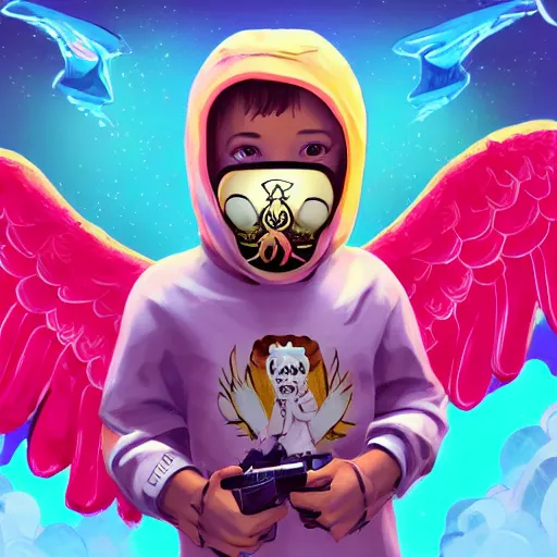 Image similar to baby Angel, baby cherub,wearing angel, face covered, Gucci, x logo, halo, ski mask, balaclava, face covered, wearing angel halo covered face, orange hoodie, hip hop, multiple golden necklaces, fantasy art apex fortnite Video game icon, 2d game art gta5 cover , official fanart behance hd, artstation by Jesper Ejsing, by RHADS, Makoto Shinkai and Lois van baarle, ilya kuvshinov, rossdraws