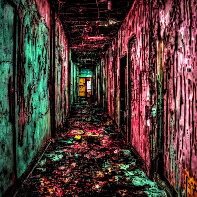 Prompt: dark decaying hallway with slime covered walls, wires and 1980's televisions scattered around, neon ambient lighting, vibrant colors, in the style of street photography,