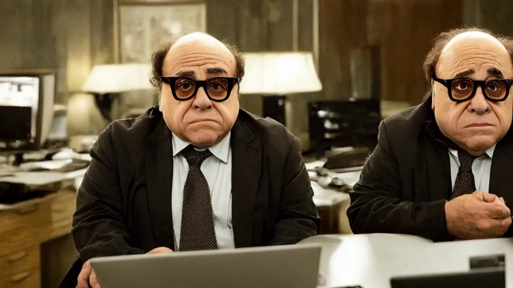 Image similar to danny devito bleary eyed at a computer, film still from the movie directed by Denis Villeneuve