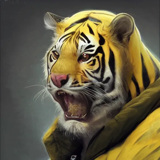 Image similar to a beautfiul award winning aesthetic commission of an antrho albino tiger wearing a yellow-black padded hooded puffer jacket,digital art,art by greg rutkowski,character design by charles bowater,ross tran,photorealistic,detailed face,hyperdetailed,western comic,2021,artstation,deviantart,clean image