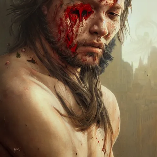 Image similar to portrait painting of a bloodied male butcher, ultra realistic, concept art, intricate details, eerie, highly detailed, photorealistic, octane render, 8 k, unreal engine. art by artgerm and greg rutkowski and alphonse mucha