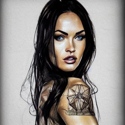 Image similar to realism tattoo sketch of double exposure megan fox blended with beautiful mountain scenery, in the style of andrey lukovnikov