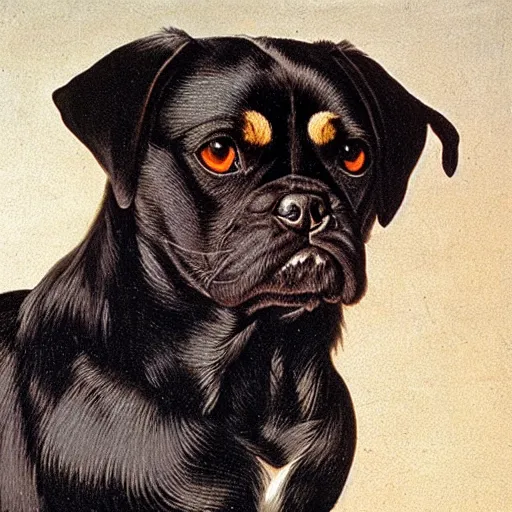 Image similar to portrait of black pugalier dog, by caravaggio, immense detail, intricate background