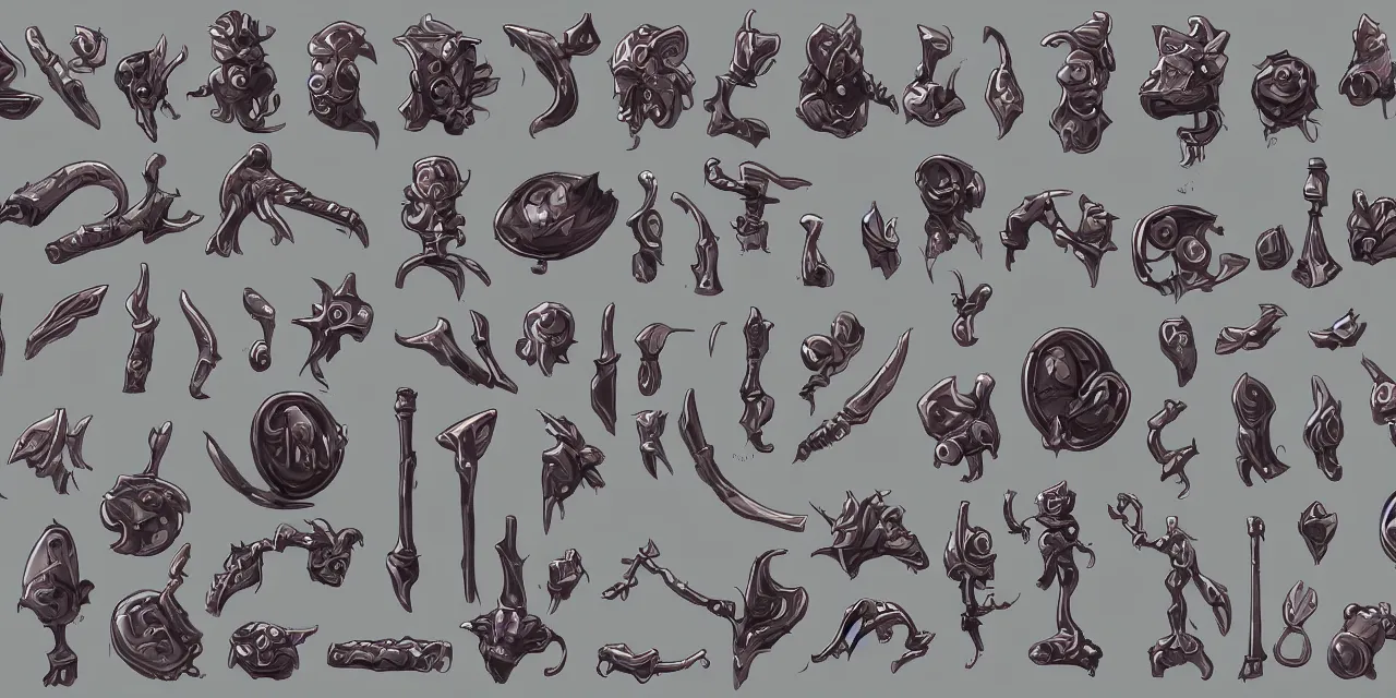 Prompt: game asset sheet, 2 d sprite, goth themed round items material study high detail 4 k art deco style