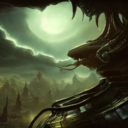 Prompt: a shadowy figure hovers above an alien temple by raymond swanland, highly detailed