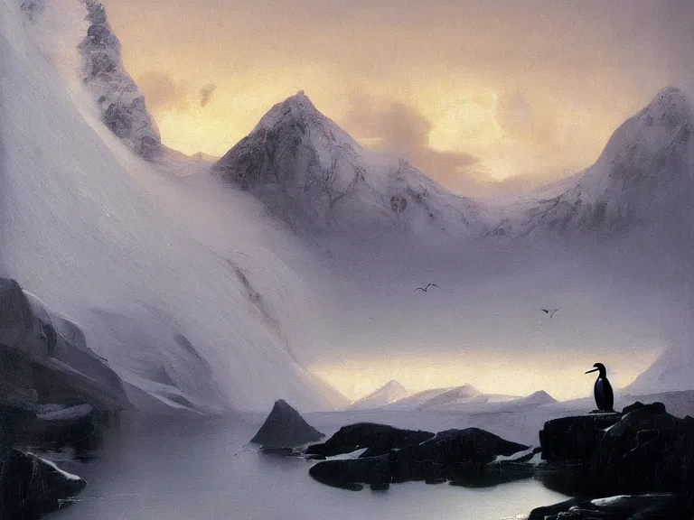 Prompt: an oil painting of a penguin and a misty glacier at dawn. by tuomas korpi moebius and carl spitzweg. baroque elements. intricate artwork by caravaggio. oil painting. oil on canvas. award winning. dramatic. trending on artstation. 8 k