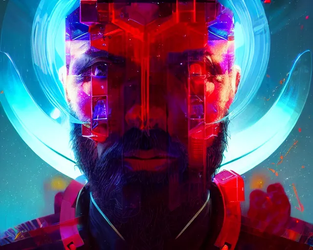 Prompt: portrait of fantasy wizard with halo of red cubes intricate abstract. intricate artwork, by tooth wu, wlop, beeple, dan mumford. concept art, octane render, trending on artstation, greg rutkowski very coherent symmetrical artwork. cinematic, key art, hyper realism, high detail, octane render, 8 k, iridescent accents