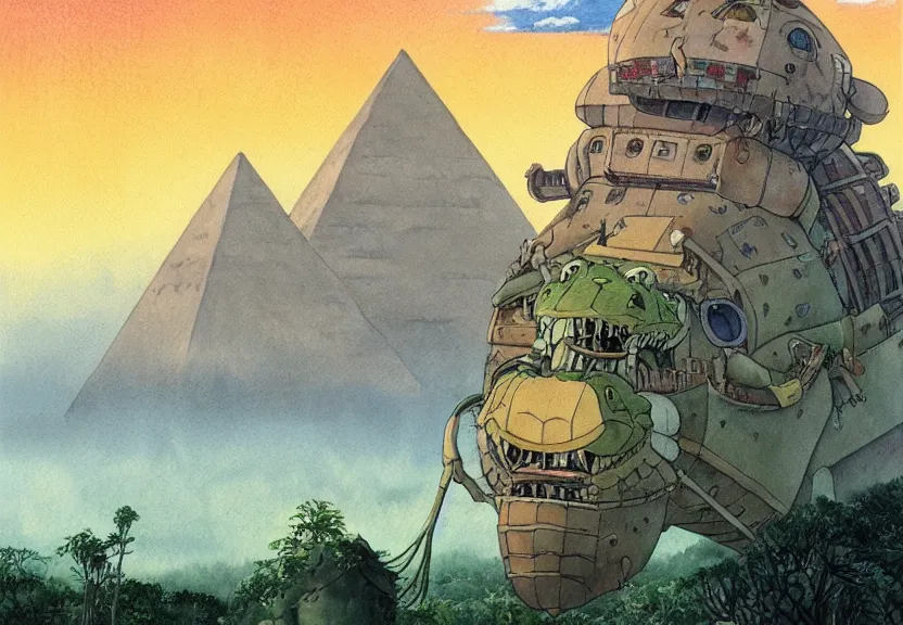 Prompt: a hyperrealist watercolor concept art from a studio ghibli film showing a giant beige mechanized crocodile from howl's moving castle ( 2 0 0 4 ). a pyramid is under construction in the background, in the rainforest on a misty and starry night. a ufo is in the sky. by studio ghibli