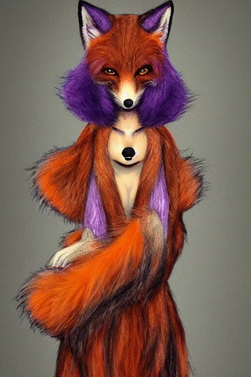 Prompt: portrait of a furry anthromorphic fox with orange fur long purple hair and black ears wearing a long dress, very beautiful, detailed fur