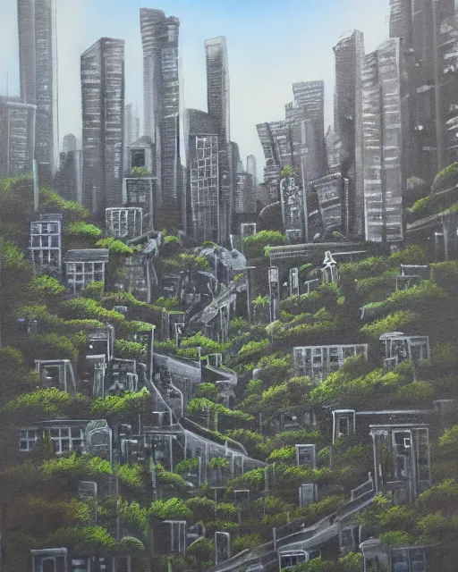 Image similar to abandoned overgrown city, acrylic