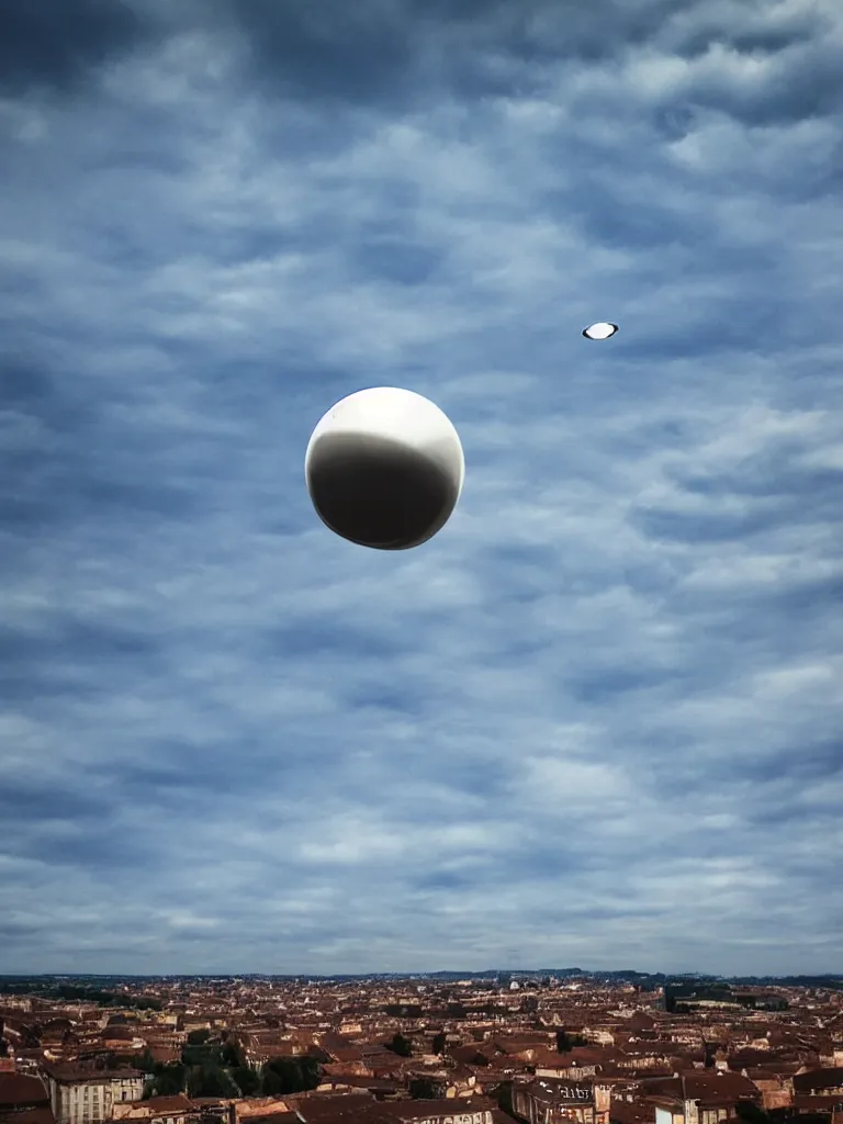 Prompt: ufo sphere flying in the sky in toulouse, blue sky, motion blur, eerie, realistic, realistic, realistic, realistic, realistic, realistic, realistic,