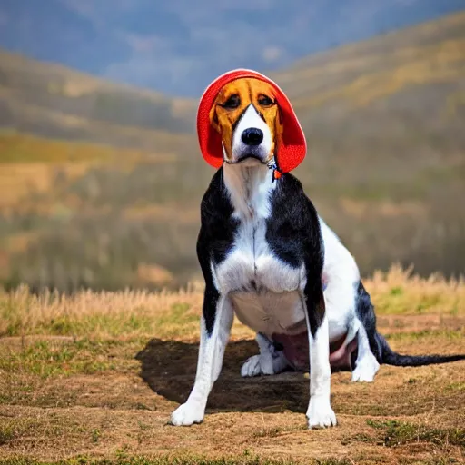 Image similar to a foxhound dog that is realistic wearing different hats and posing in front of a scenic background