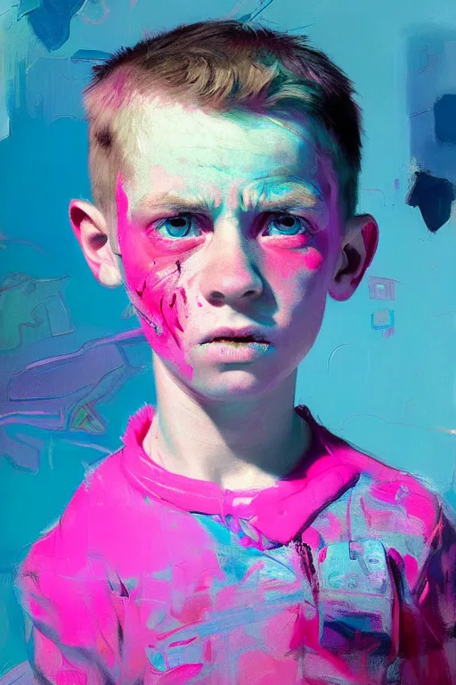 Image similar to portrait of a young boy living in a postapoliptic forgotten world, her face expresses : sadness, and death, in the colors hot pink and cyan, beautiful face, rule of thirds, complex outfit, spotlight, by greg rutkowski, by jeremy mann, by francoise nielly, by van gogh, digital painting