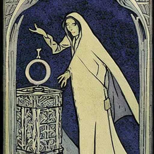 Image similar to a cloaked mage casting a magic spell from her hand toward an ice castle, art nouveau