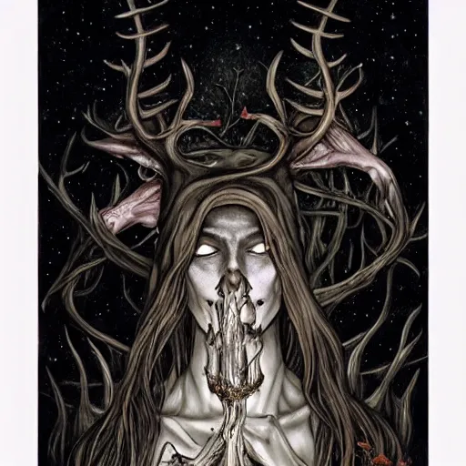 Prompt: an epic horrific wiccan gothic painting of a mother - nature witch cult woman wearing a deer skull, in a moonlit forest by gerald brom by junji ito by vanessa lemen by charlie bowater