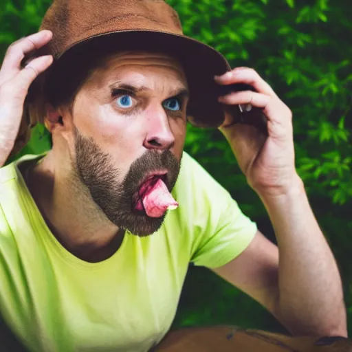 Prompt: stock photo of man eating own hat, funny, professional photography, high definition, 8k resolution