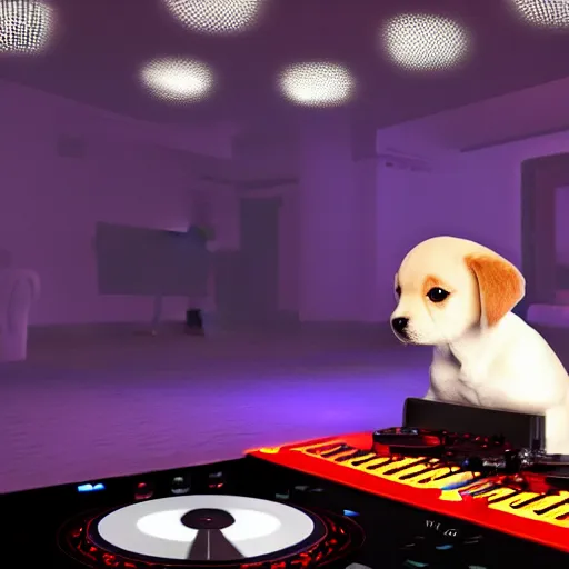 Image similar to puppy as a DJ, 8k, volumetric lighting, hyper realistic