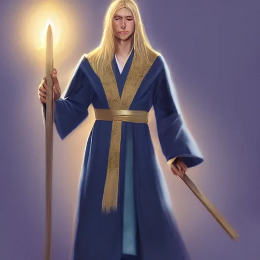 Image similar to A portrait of a young wizard with a long blonde ponytail in a navy blue robe with gold accents, in his right hand he holds a staff of light with a bright crystal, digital art, trending on artstation