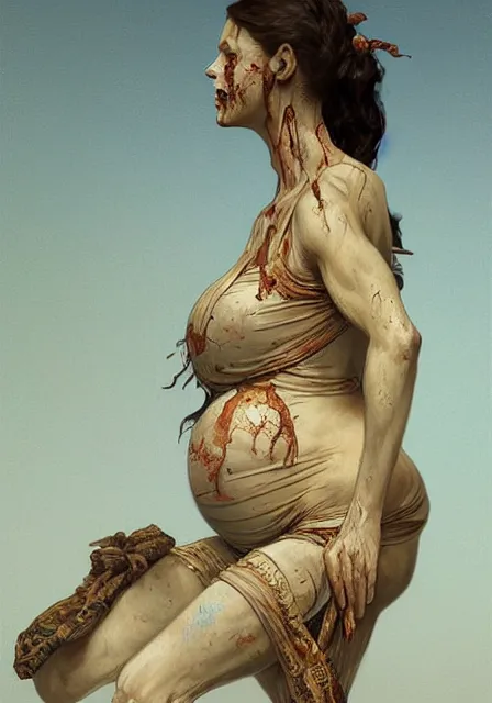 Image similar to pregnant mummy zombie, intricate, elegant, highly detailed, digital painting, artstation, concept art, smooth, sharp focus, illustration, art by artgerm and greg rutkowski and alphonse mucha and william - adolphe bouguereau