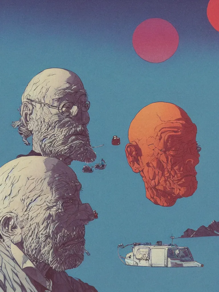 Prompt: a closeup portrait of an old man taking mind altering drugs, a blotter paper of lsd acid and dreaming psychedelic hallucinations in the vast icy landscape of antarctica, by kawase hasui, moebius, edward hopper, colorful flat surreal design, dramatic lighting, hd, 8 k, artstation