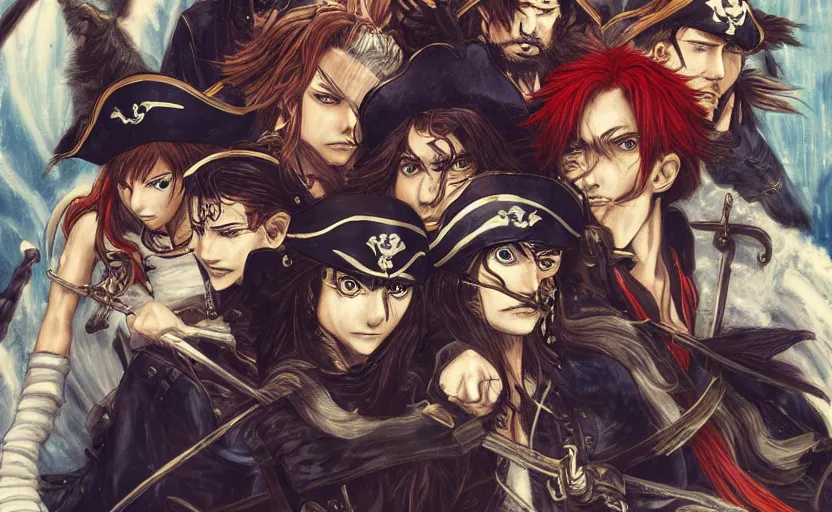 Prompt: a pirate captain commands her crew, digital painting, 4k anime wallpaper, beautiful, gorgeous, intricate and detailed brush strokes, detailed faces, by Tite Kubo and Kentaro Miura