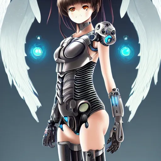 Prompt: cute small cyborg - angel girl with large angelic wings standing on the edge of a rooftop overlooking a dystopian city, left eye gold and right eye silver, biomechanical details, bionic cyborg implants, digital cyberpunk - anime art, full body shot