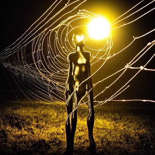 Image similar to “photo of a glowing liquid metal alien figure wrapped in cables and barbed wire standing in the middle of a core field at nighttime, midnight. Flash photo. Cursed image”