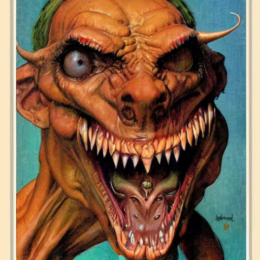 Image similar to upper body portrait a thick-necked horned demon, by norman rockwell and boris vallejo