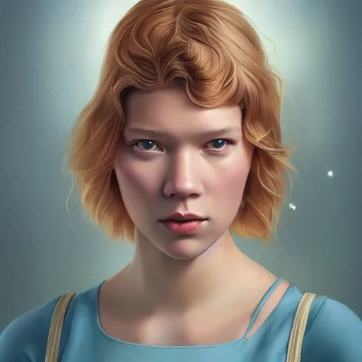 Prompt: a beautiful scenic painting of a beautiful young girl that looks like lea seydoux by artgerm and wlop and wes anderson and spike jonze