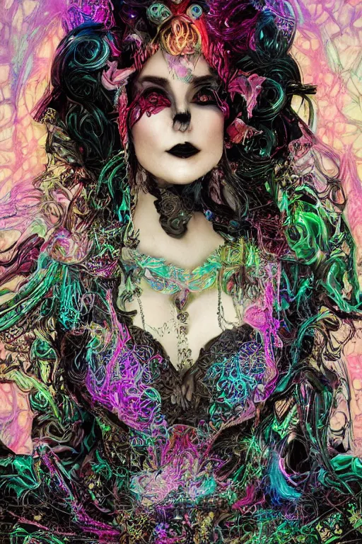 Image similar to highly detailed, digital painting of a beautiful arcane witch in a dark intricate ornate fractal-lace and gemstones facial mask, wearing a stunning silky bio-luminiscent neon-noir cyberpunk dress, pastel colors palette, full view, soft lighting, vivid, Hyperdetailed, 4k hd matte painting, 8k resolution, enchanting and otherworldly, detailed, front view, Gsociety, trending on ArtstationHQ, dreamscape maximized.