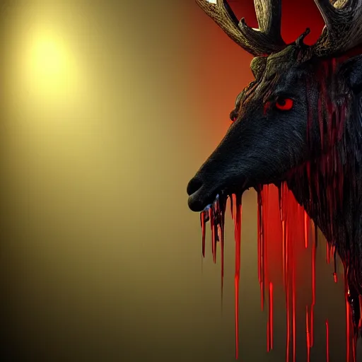 Image similar to Photorealistic wendigo elk dripping blood. Hyperdetailed photorealism, 108 megapixels, amazing depth, glowing rich colors, powerful imagery, Eldritch Horror Overtones, 3D finalrender, 3d shading, cinematic lighting, artstation concept art