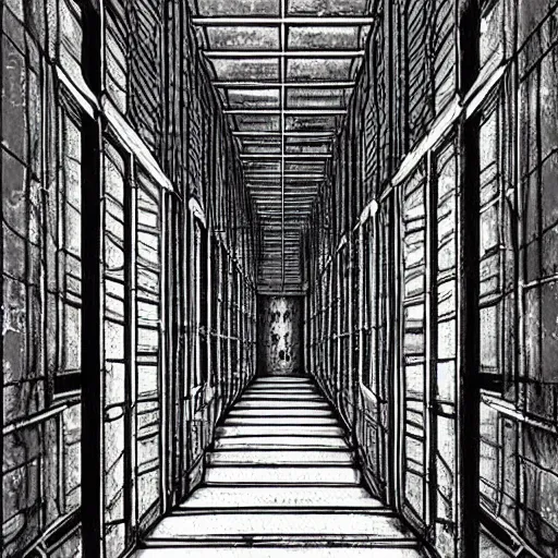 Image similar to “the inside of a huge white building with with many doors and stairs, confusing, creepy, mind bending, doors, strange dimensions, anime style, detailed background, very detailed”