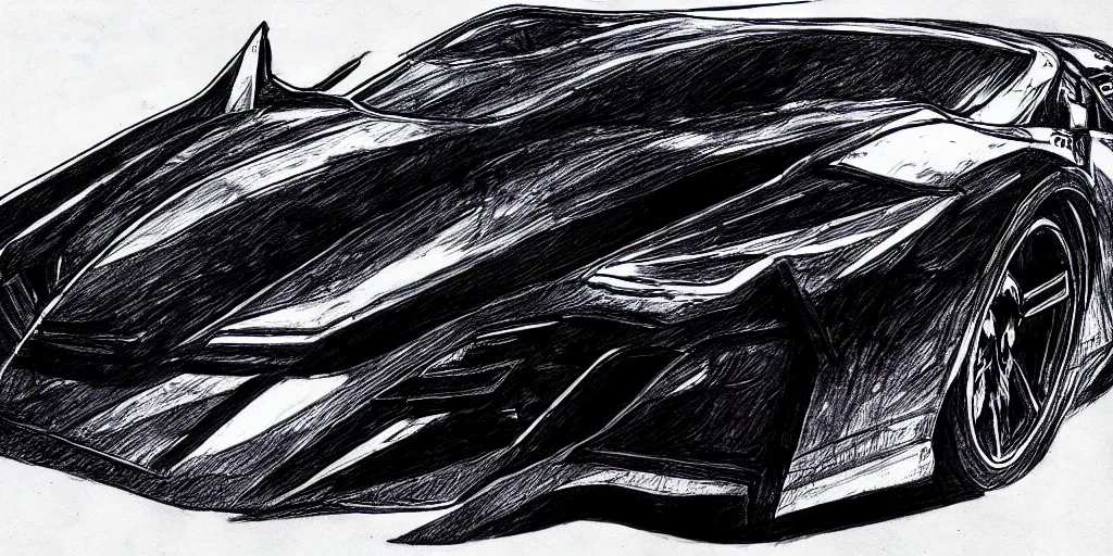 Image similar to ballpoint pen drawing of the batmobile, batman, arkham knight