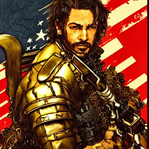 Image similar to portrait of a white and hispanic hero holding his sword in front of his face by yoji shinkawa, high quality, extra details, realism, ornate, colored, golden chain, blood