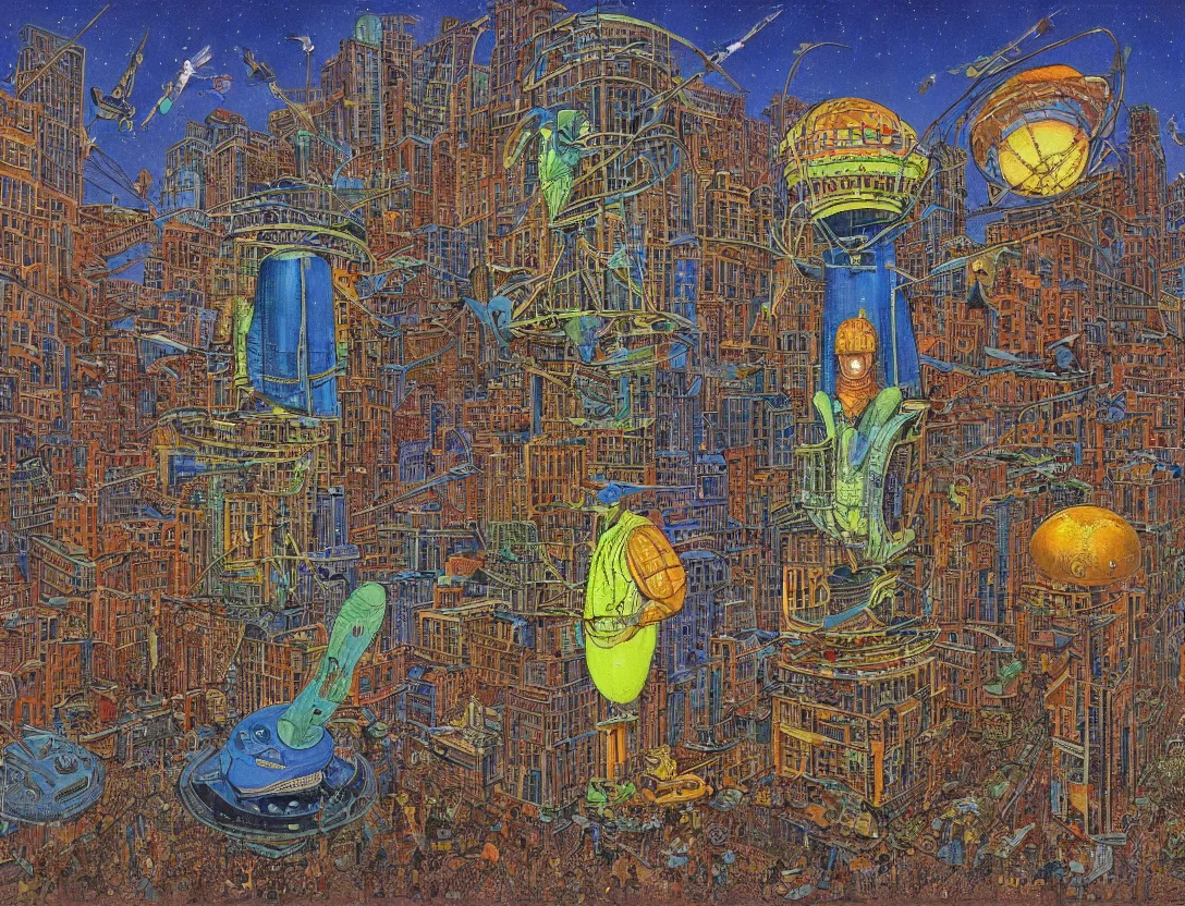 Image similar to ufo encounter in the city, by mati klarwein and moebius